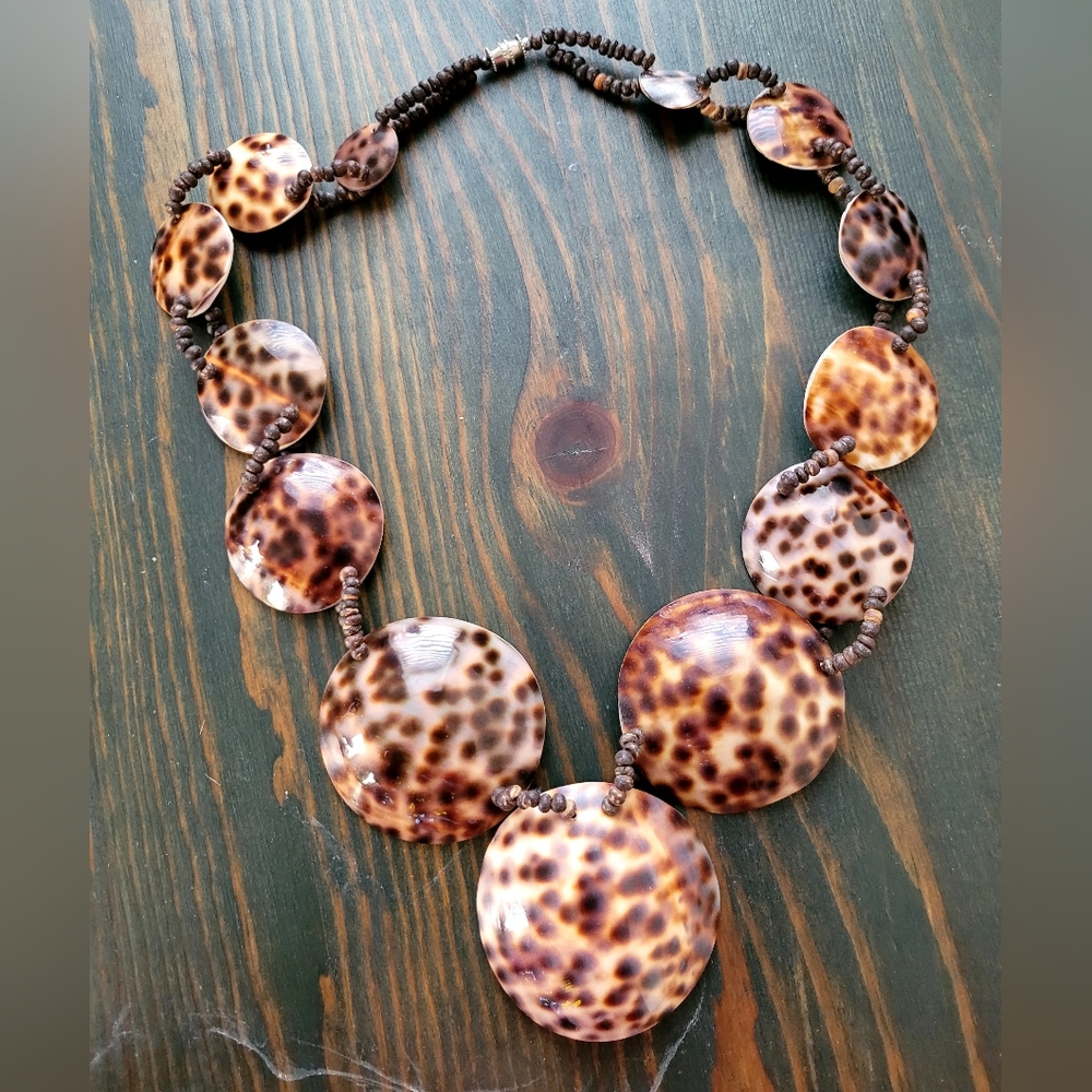 Natural Tiger Cowrie Shell discs, Coconut shell 20" necklace, Beach Jewelry